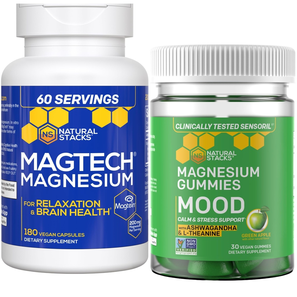 Sacs naturels Magnésium Magtech + Mood Magnésium Gommies Bundle - 4 formes de magnésium - Relaxation, santé cérébrale et soutien au stress* - 210 pièces totales