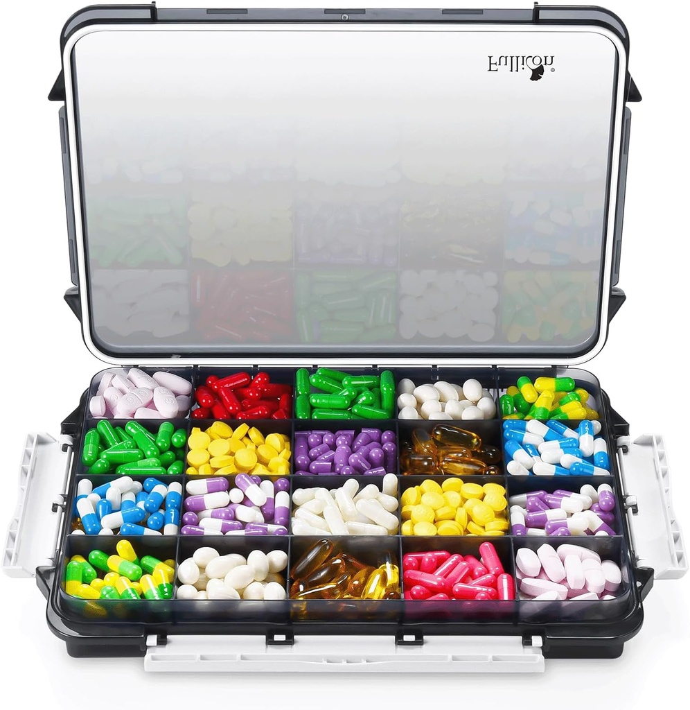 Fullicon Extra große Pillen-Organisator mit Moisture Proof Design, Reise Jumbo Pille Box mit 20 Kompartment, Ergänzung Organizer für Vitamine mit 3 gesicherten Schnallen (schwarz)