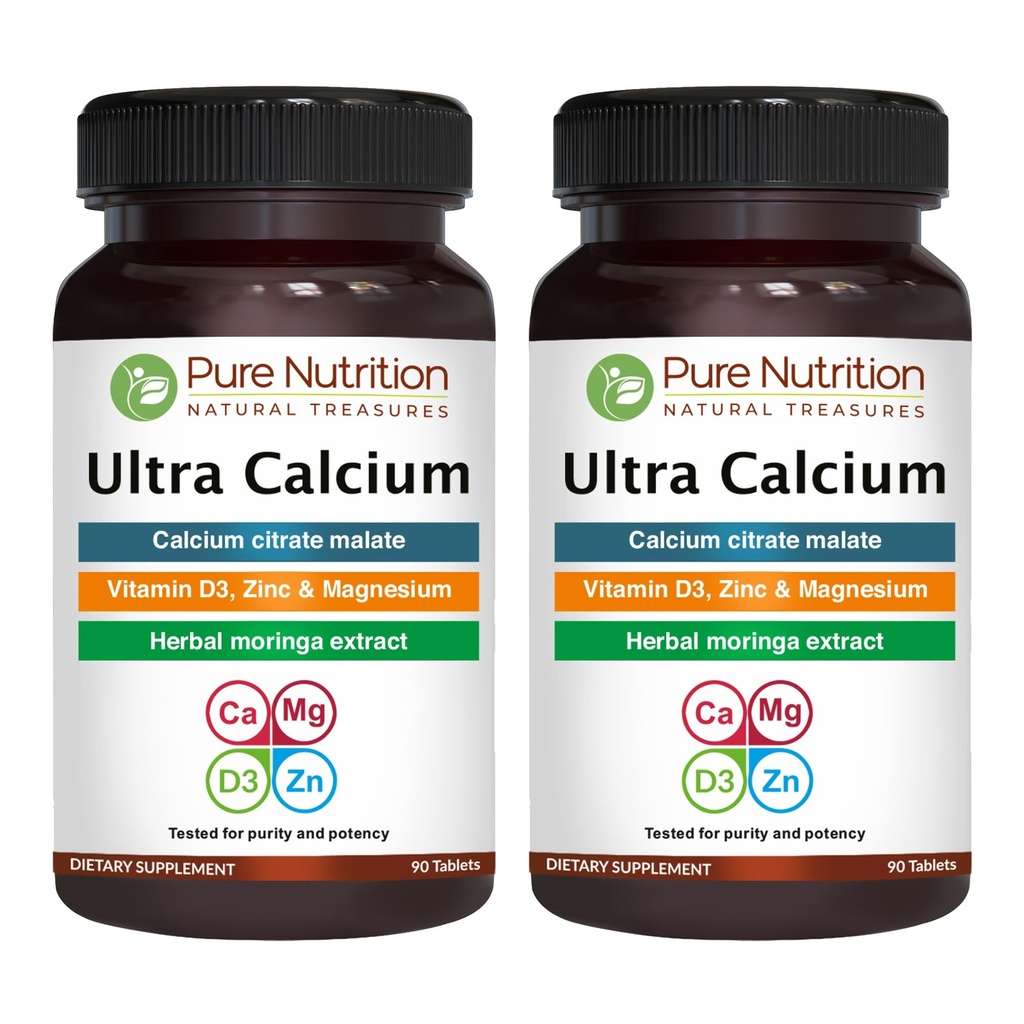 Pure Nutrition Ultra Calcium 1000mg avec VIT D3 + K2-180 Tables (90 X Pack de 2)-- Supplément de Calcium hautement absorbant avec Calcium Citrate Malate, VIT D3, K2, Moringa Oleifera, Magnésium et Zinc.