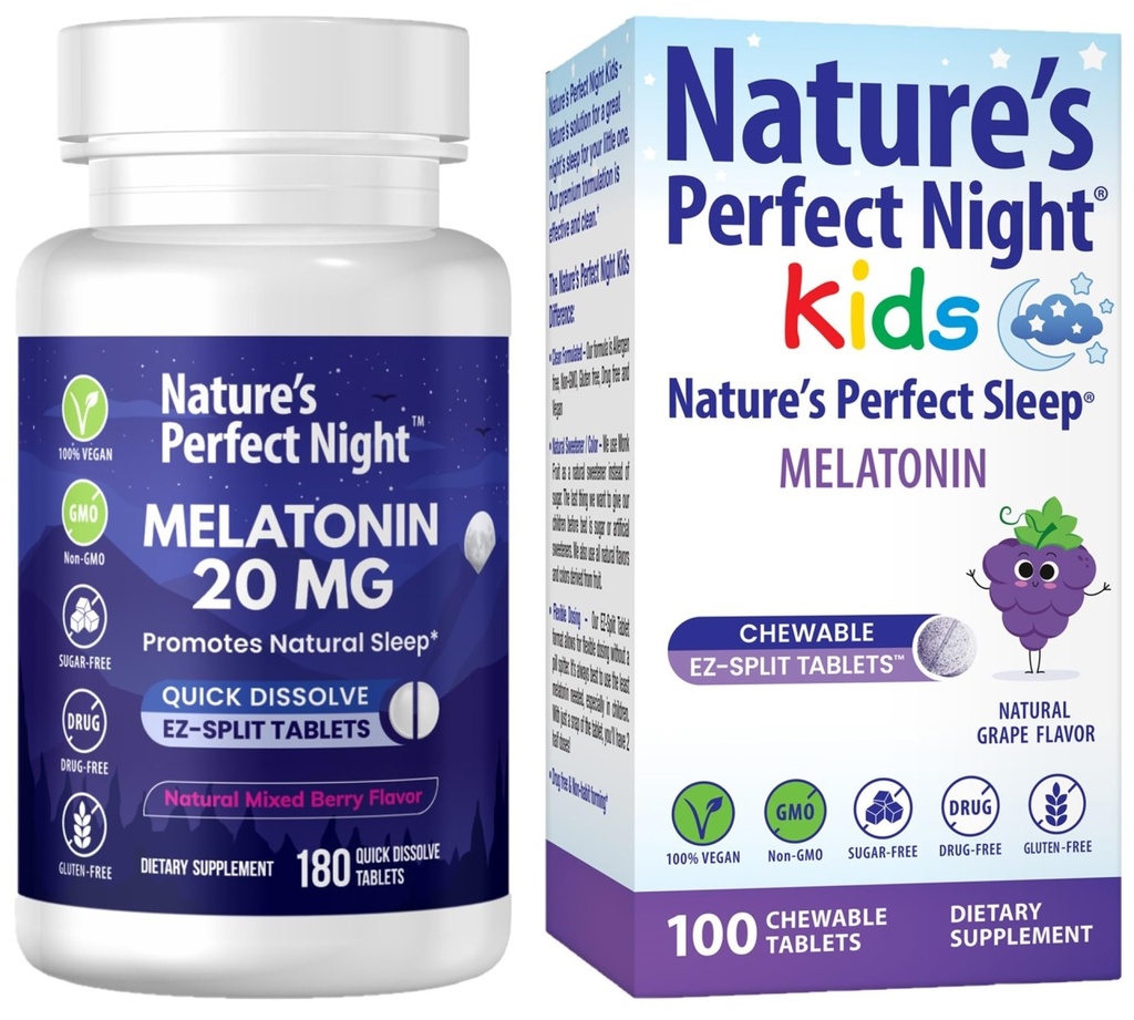 Nature's Perfect Night Bundle (en anglais seulement) Melatonin 20mg (en anglais seulement) Enfants Melatonin 1mg (en anglais seulement) 180 Nombre (en anglais seulement) 100 Nombre (en anglais seulement) Sans sucre (en anglais seulement) Sans gluten (en anglais seulement)