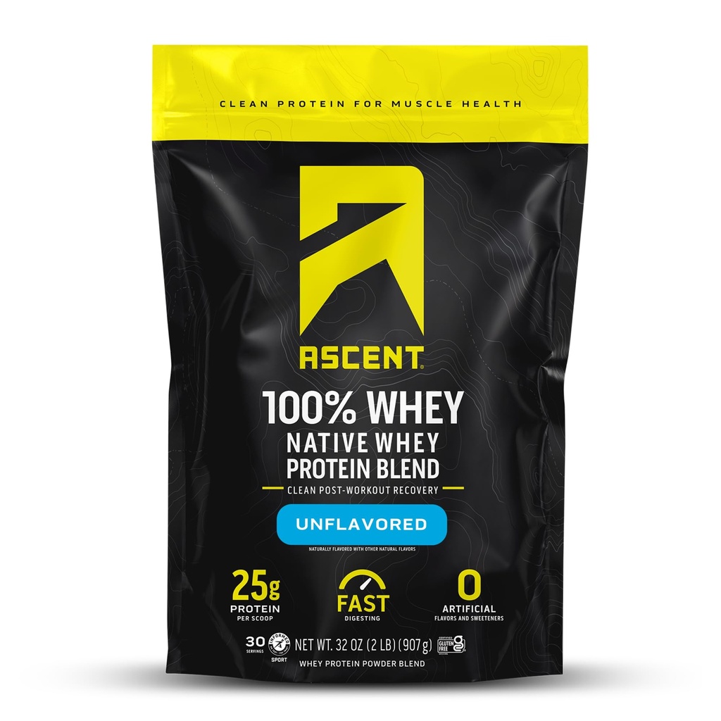 Ascence 100% poudre de protéines de lactosérum - Après l'entraînement Isolation de la protéine de lactosérum, Zéro arômes et édulcorants artificiels, sans gluten, 5,5g BCAA, 2,6g Leucine, Sans aromatisé 2 lb