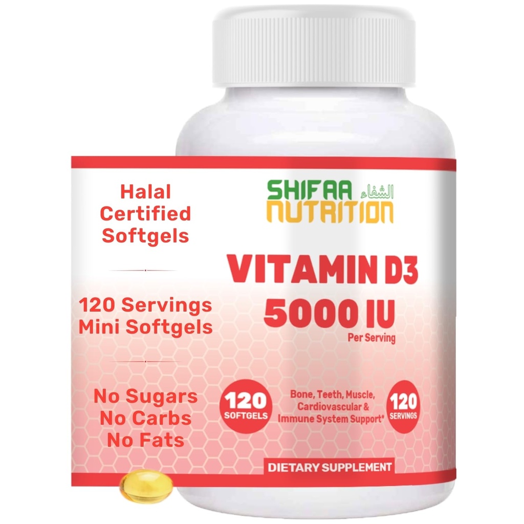 SHIFAA NUTRITION Halal Vitamin D, Halal Vitamin D3, 5000 IU Softgels, 120 Portionen. Non-GMO, Glutenfrei, Unterstützt: Struktur, Knochen, Zähne, Herz, Muskel- und Immunfunktionen
