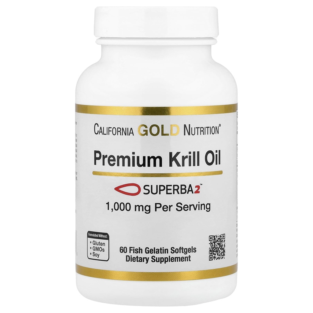 California Gold Nutrition Premium Krill Oil with Superba2 Biodisponible Oméga-3s de l'Antarctique Krill - Heart & Brain Health Support - sans gluten, non-OGM - 1000 mg - 60 poissons gélatine Softgels