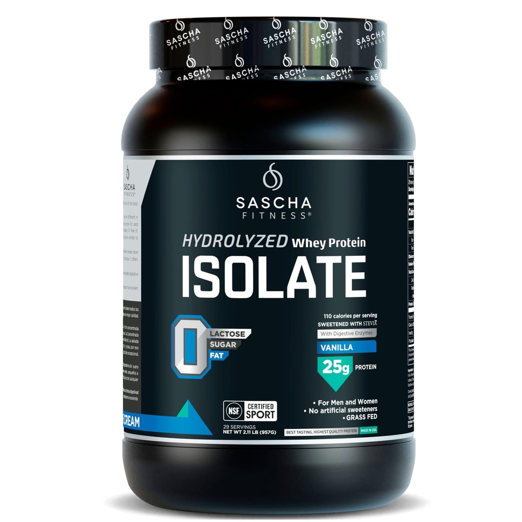 SASCHA FITNESS Isolé hydrolysé de protéines de lactosérum, 100 % gazonné (2 livres, Vanille)
