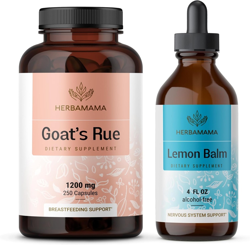 HERBAMAMA Trousse de baume de chèvre et de citron - Ensemble de 1200 mg Capsules de rue de chèvre et gouttes liquides de baume de citron 4 fl oz - végétalien, non-OGM, sans sucre et sans alcool - 2 packs