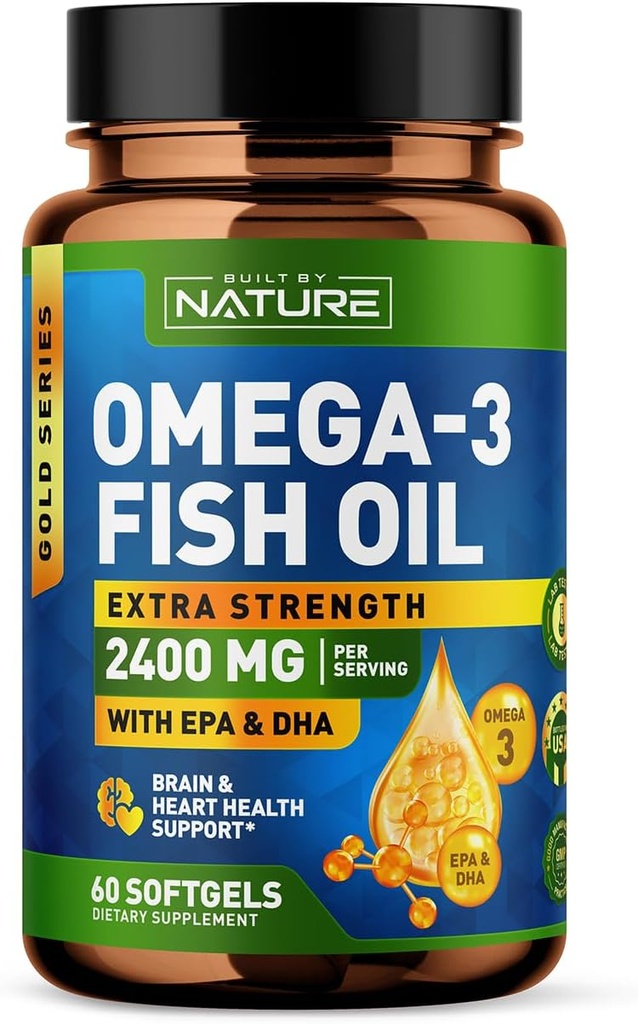 Erbaut von Nature Omega 3 Fish Oil Soft Gels - 2400 mg Fish Oil, 1440 mg Omega 3, 864 mg EPA, 576 mg DHA - Extra Strength Brain & Heart Health Support Supplement - 60 Softgels