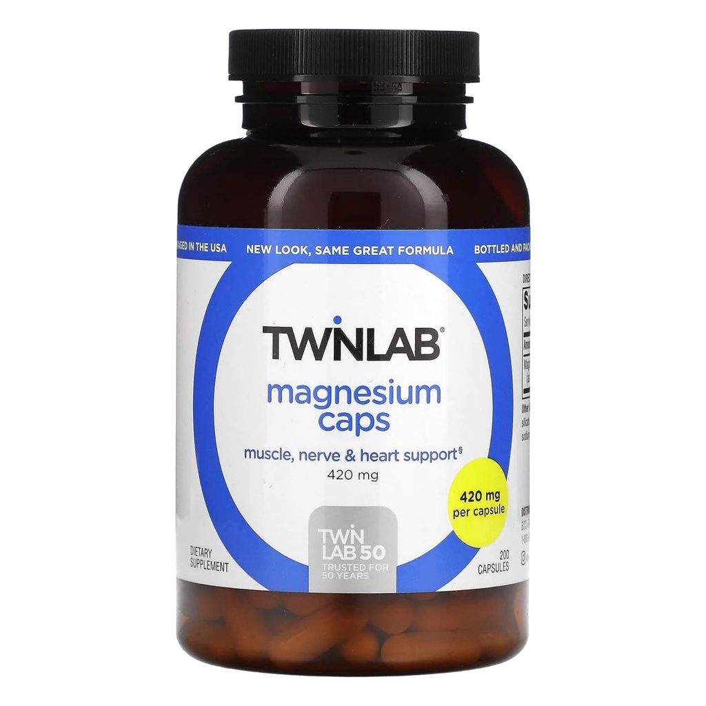 Twinlab Magnesium Caps - Supplément Magnésium haute absorption pour soutenir le soulagement des crampes de jambe - Capsules de magnésium pour le soulagement du stress, 420 mg, 200 Compte, 1 Pack
