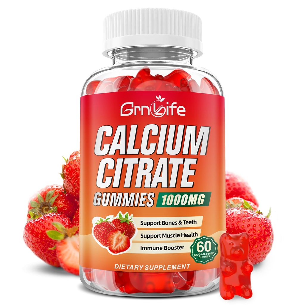 Citrate de calcium Gummies, Citrate de calcium sans sucre 1000mg pour les muscles sains, Absorption suppléments de calcium pour les adultes et les enfants, fraise, 60 Compte