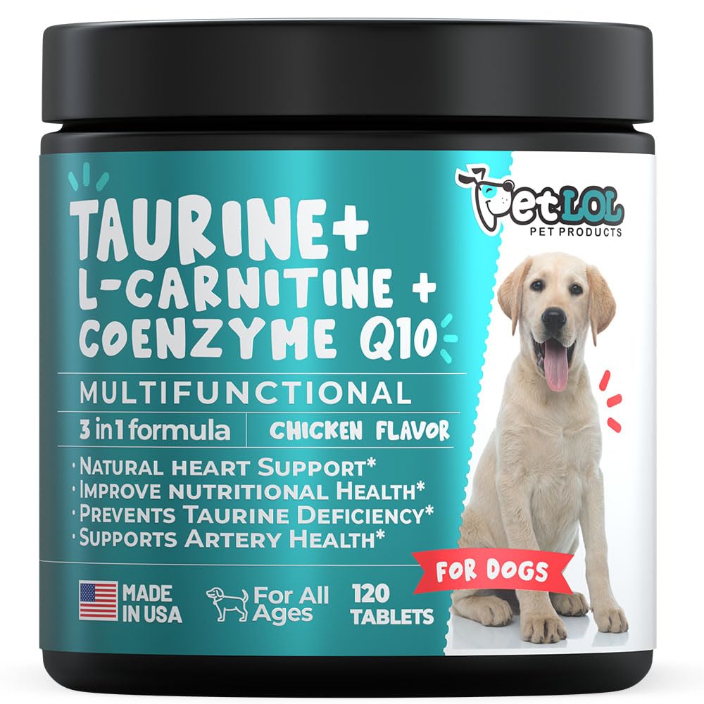 Supplément Taurine pour chiens avec L-Carnitine et Coenzyme Q10 (CoQ10): Vet Endorsed for Larged Heart (DCM), Insuffisance cardiaque congestive, Déficience Taurine: Suppléments Chien 3-en-1.