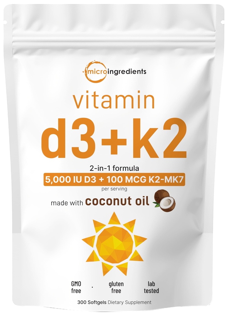 Micro Ingredients Vitamin D3 5.000 IU + K2 MK-7 100 mcg, 300 Softgels | Virgin Coconut Oil | 2-in-1 Knochen, Immun- & Herz-Unterstützung | Einfach zu schlucken, Non-GMO