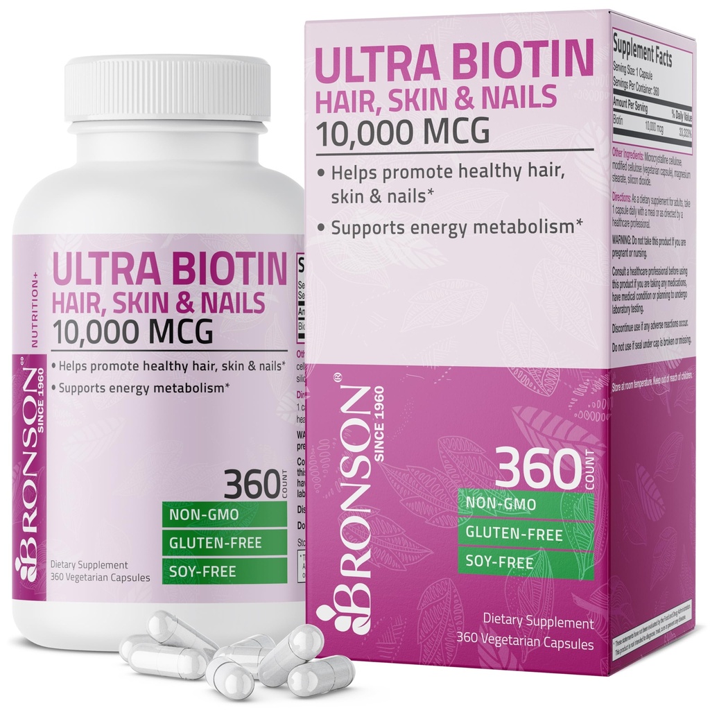 Bronson Ultra Biotin 10 000 Mg Supplément pour cheveux et ongles, non-OGM, 360 Capsule végétarienne