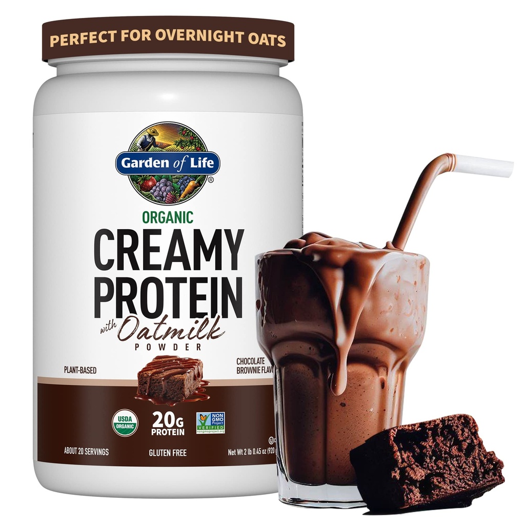 Garten des Lebens Creamy Organic Vegan Protein Powder + OatMilk, 20g komplettes pflanzliches Protein, Kokosnusswasser, MCT, Sprouted Grains, Prebiotics, Probiotics – Glutenfrei, Chocolate Brownie, 2 LBS