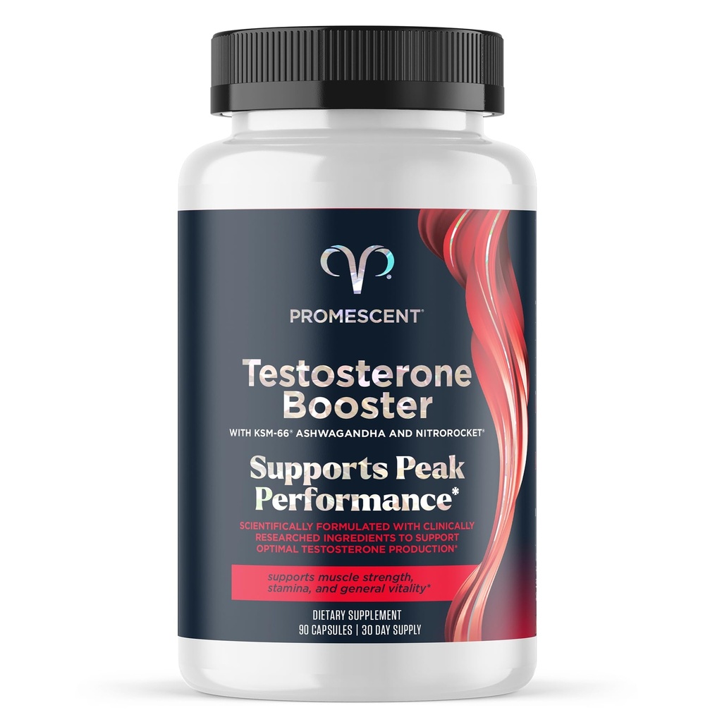 Promascent Testostérone Booster pour hommes Supplément w/Tongkat Ali (LongJack), KSM-66 Ashwagandha, Goat Weed, Fenugreek & Tribulus Terrestris, soutient l'énergie naturelle, l'endurance et la force, 90 capsules
