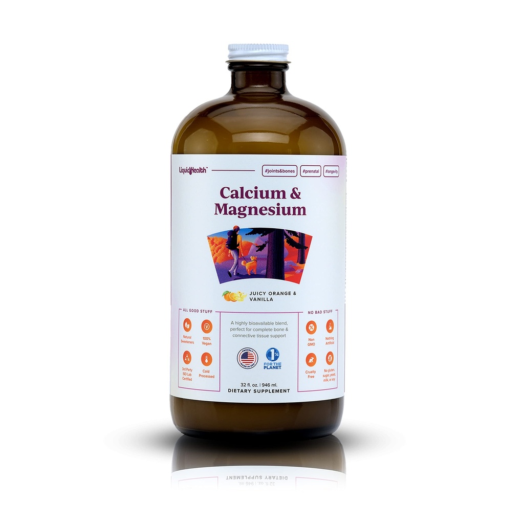 LIQUIDHEALTH Calcium & Magnesium Nahrungsergänzungsmittel für Erwachsene - Knochen, Gelenk, Muskel, Connective Gewebeunterstützung, Herzgesundheit, essentielle Nährstoffe - Made in the USA, Vegan, Non GMO, No Sugar (32 oz)