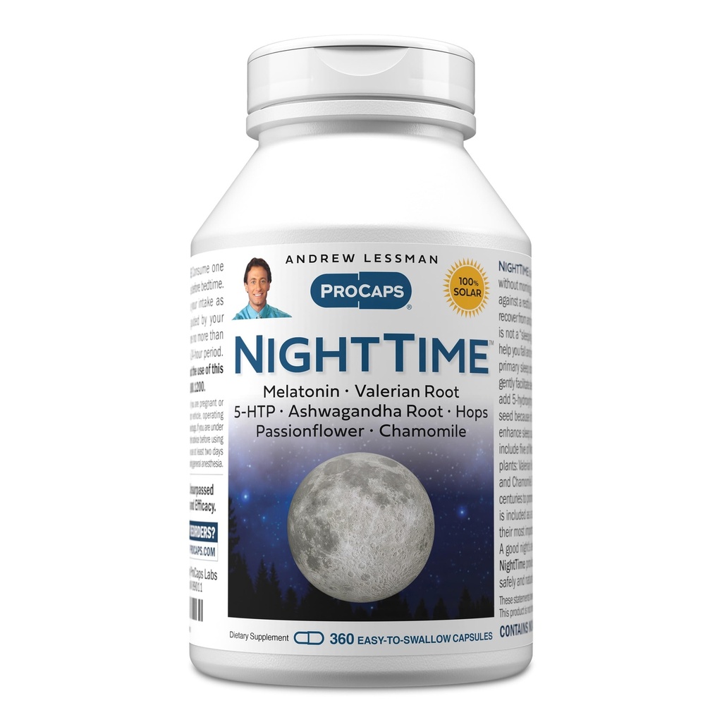 ANDREW LESSMAN Nachtzeit 360 Kapseln - 3mg Melatonin, Valerian, Ashwagandha, Passionflower, Hopfen, Kamille. Kein Morgen Grogginess. Natürliche Unterstützung, sanfter Ruheschlaf. Einfach zu Swallow Kapseln