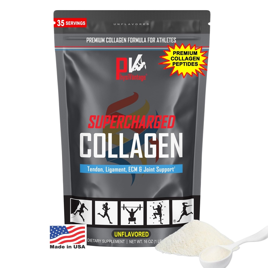PhysiVantage Supercharged Collagen Peptides Powder - hydrolysiertes Collagen für Gelenk, Tendon, Ligament, & Skin Health Support - Unflavored, Keto, Paleo, 16oz | Verbessert mit Vitamin C, BCAAs, Grass-Fed