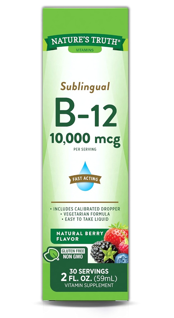 La vérité de la nature Vitamine sublinguale B-12 10 000 Mg, liquide à action rapide, saveur de baie naturelle, 2 once fluide (paquet de 1)