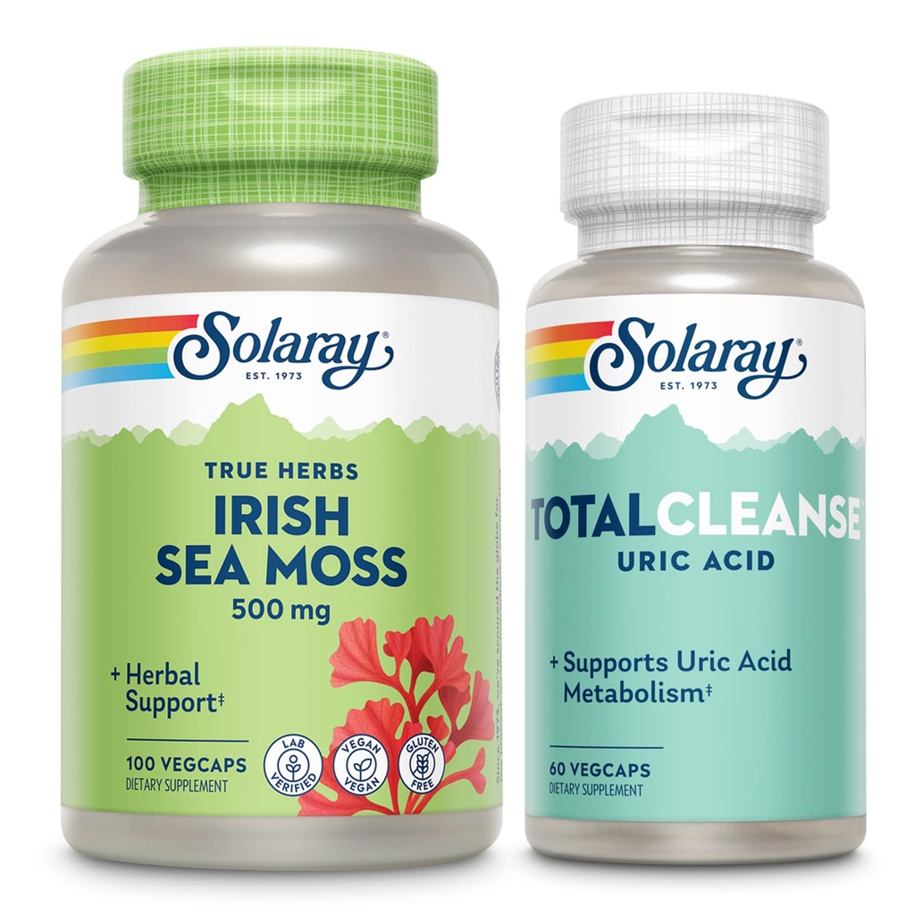 SOLARAY Irish Sea Moss und Total Cleanse Uric Acid - Wellness und Joint Health Bundle w/Naturally Occurring Vitamins, Minerals, Live Bacteria, Plus Tart Cherry, Turmeric and Celery Seed, 100/60ct