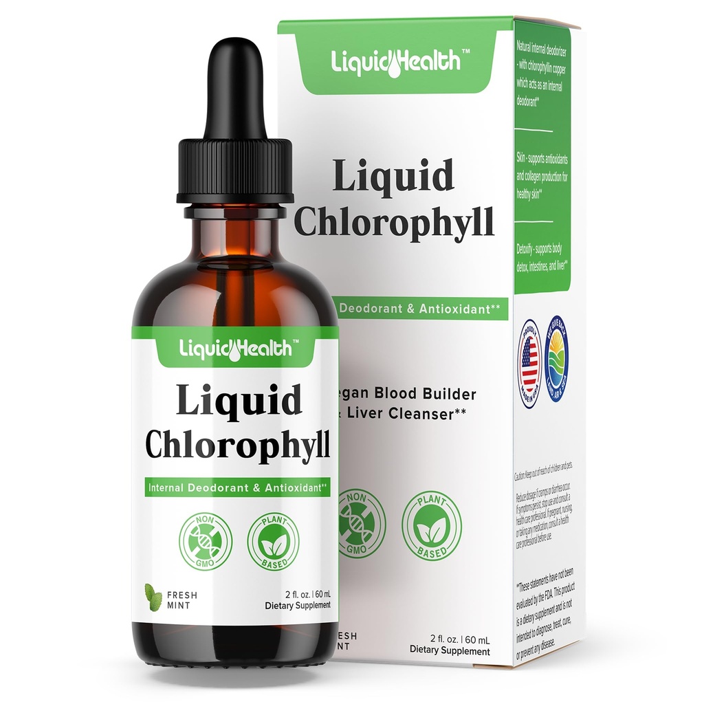 LIQUIDHEALTH gouttes de chlorophylle liquide - Désodorisant interne, Détox hépatique, soutien immunitaire, promouvoir le collagène pour les cheveux et la peau, arrêter la mauvaise respiration, réduire l'appétit - Fabriqué aux États-Unis, végétalien, non-OGM (2 oz)