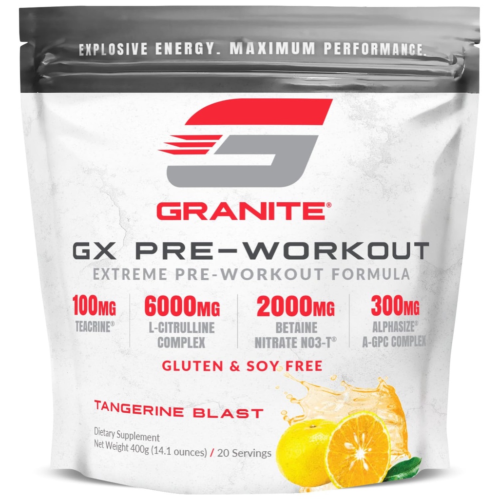 Granite GX Pre Workout Supplement, Tangerine Blast Flavor, unterstützt Fokus, Energie, & Performance mit Teacrine, L-Citrulline, Betaine, & A-GPC (20 Servietten)