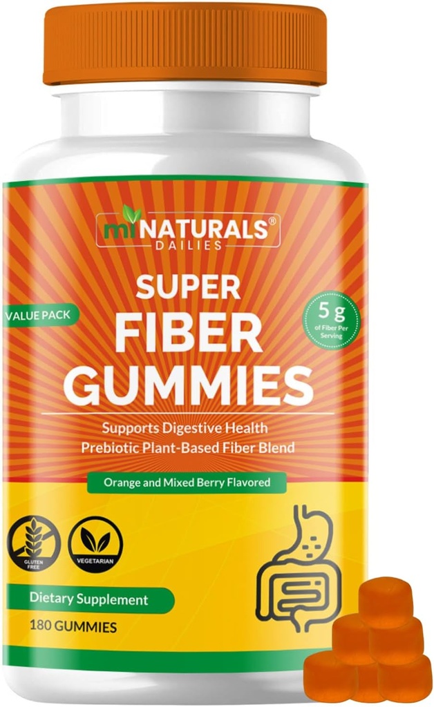 MINATURALS Prebiotic Fiber Supplement Gummis | Value Pack - 180 ct | 5 g pro Gummy | Plant Based Digestive Gut Cleansing | Orange & Mixed Berry