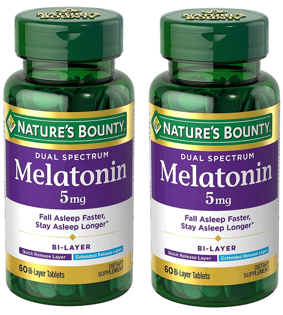 Nature's Bounty Melatonin 5mg Dual Spectrum, 100% Drug Free Sleep Supplement, Schnelle Veröffentlichung und erweiterte Veröffentlichung, fördert Entspannung und Schlaf Gesundheit, 60 Bi-Layer Tablets (Pack von 2)