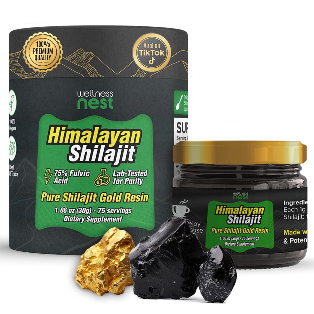 Wellness Nest Gold Grade Pure Himalayan Shilajit Resin: Ultimate Potency for Men & Women - 24k Gold, 75%+ Fulvic Acid, Lab Test Report Included - 30g (1 Pack), 75 Servietten