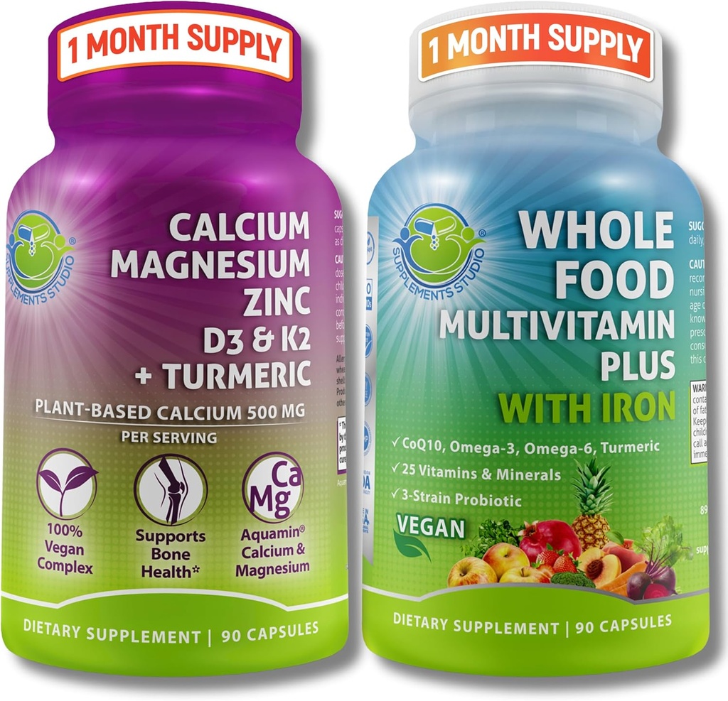 Vegan Whole Food Multivitamin with Iron + Plant-Based Calcium, Magnesium, Zinc, D3, K2 & Turmeric – Vegan Daily Support for Energy, Bone Health, Immunity & Overall Wellness Trio