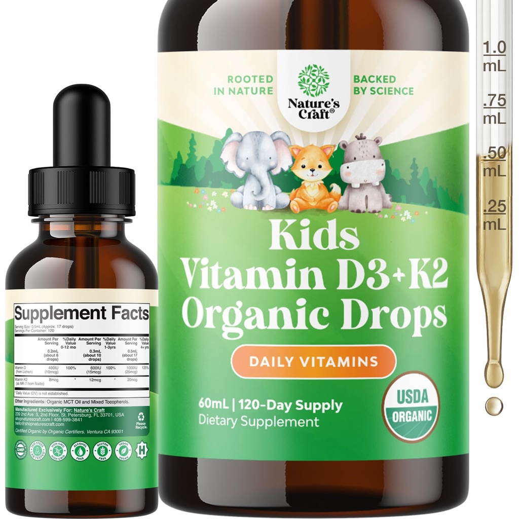 Natures Craft Kids Vitamin D3 K2 Tropfen - Bio Vitamin D für Kinder für starke Knochen & Gelenke - Babys, Babys & Kleinkind Immununterstützung Tropfen Flüssigkeitsergänzung - 60 ml Flasche