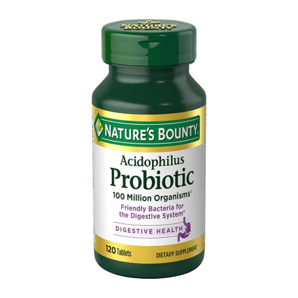 Nature's Bounty Lactobacillus Acidophilus Probiotic Supplement - Probiotique quotidien pour les femmes/hommes santé digestive, 100 millions d'organismes, végétarien, 1 portion par jour, 120 comprimés