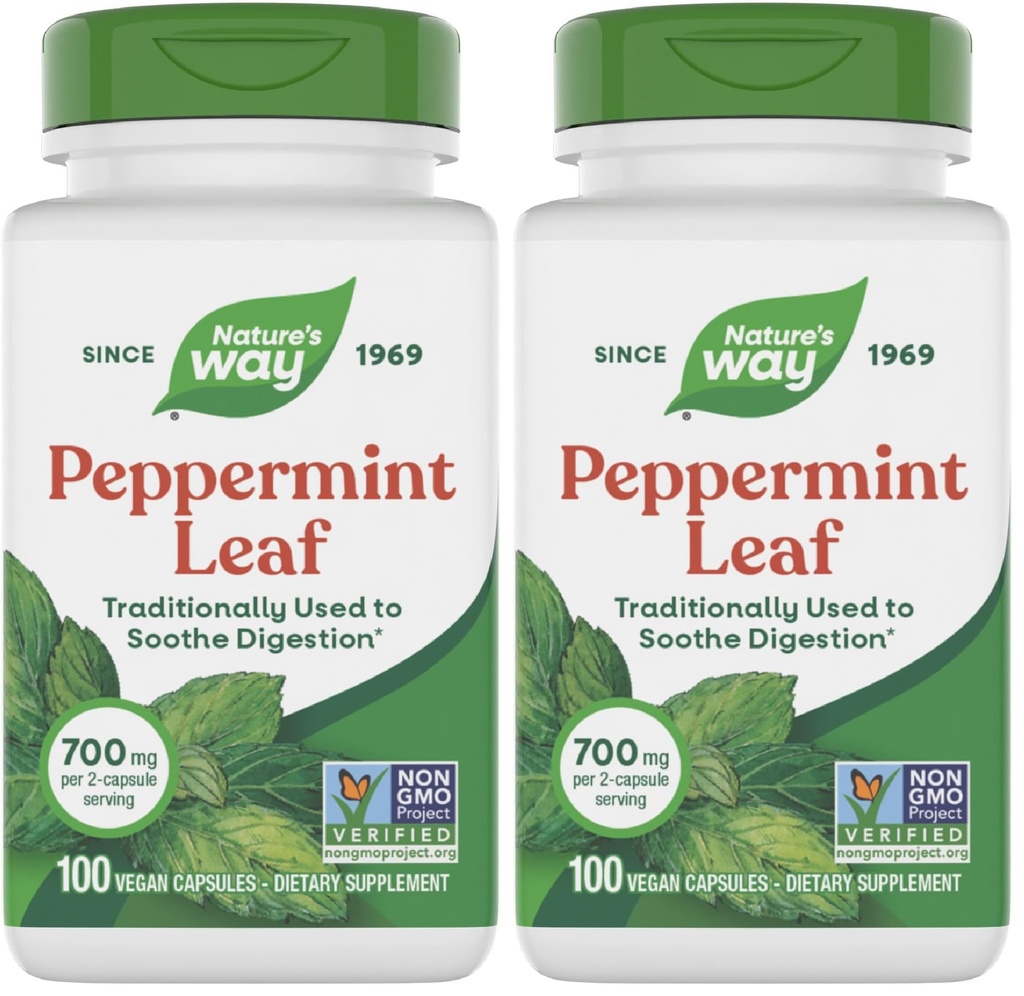 Nature's Way Premium Feuille de menthe poivrée à base de plantes, soutien digestif traditionnel*, 700mg par portion, 100 capsules (paquet de 2)