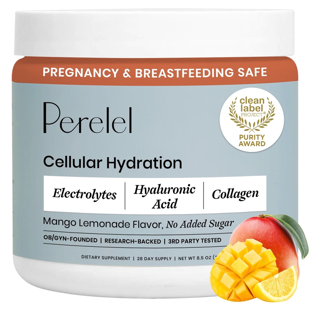 Perelel Hydration Pulver, Elektrolyt-Ergänzung mit Collagen & Hyaluronsäure, Mango Lemonade Flavor, Soja & Glutenfrei, Non GMO, Ohne Zusatz von Zucker, 28 Servierungen