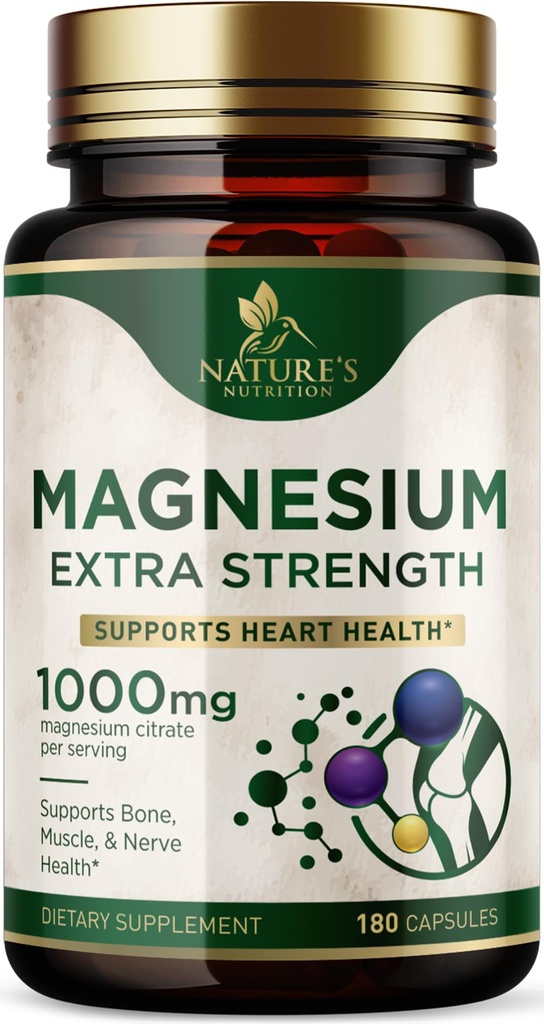 Magnesium Mineral Supplement 1000 mg - Hohe Potenz Magnesium Citrat für Knochen, Herz-Gesundheit, Nerves & Muskel-Unterstützung, Nature's Magnesium Complex for Whole Body Support, Bottled in USA - 180 Kapseln