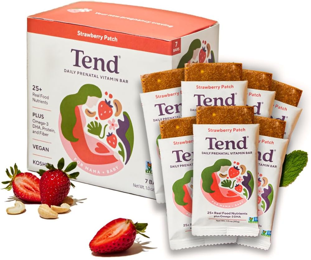 Tend quotidien meilleure barre de vitamine prénatale, faite avec des ingrédients organiques pour les mères enceintes et postpartum, comprend DHA, vitamine D, B, Choline, Folate, Lécithine de tournesol - Patch de fraise (7ct)