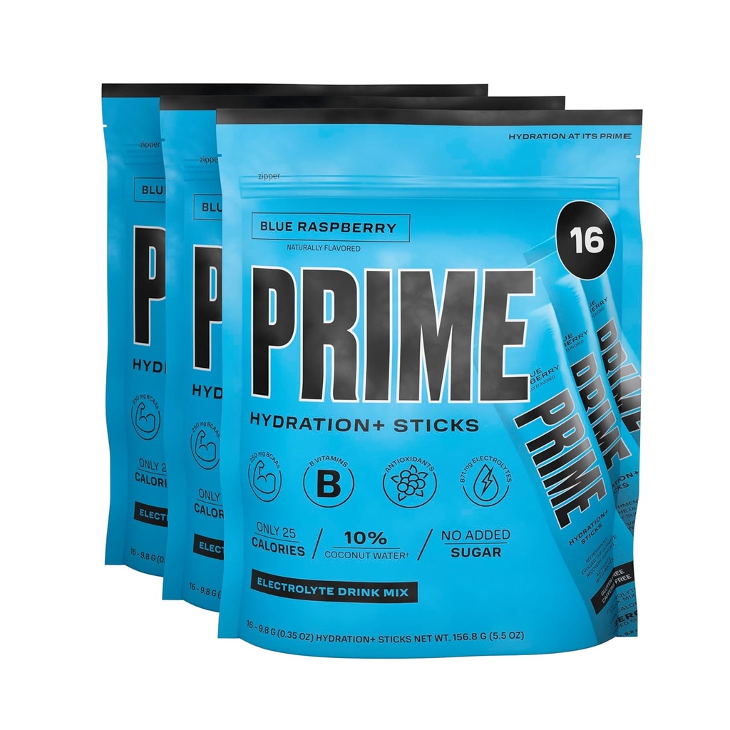 PRIME HYDRATION+ Sticks Blau Himbeere | Hydration Pulver Einzeln Servieren Sticks | Elektrolytpulver auf dem Go | 250mg BCAAs, B Vitamine, Antioxidantien | Niedriger Zucker | Koffeinfrei | Vegan | 48 Sticks