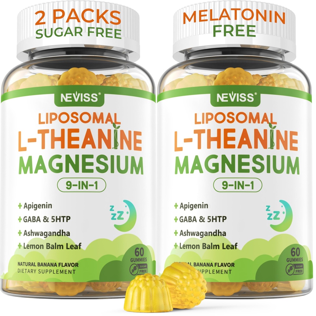 Liposomale L-Theanine 200mg Magnésium Glycinate 400mg Gommies avec GABA, 5HTP, Apigenin, Vitamine B6 & D3, Ashwagandha, Feuille de baume de citron, Melatonine Sleep Free Chewable for Relax Mood & Muscle, 2 packs