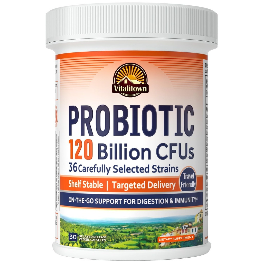 Vitalitown Probiotics 120 Billion CFUs, 36 Strains, Präbiotika, Verdauungsenzyme für Männer Frauen, verzögerte Freisetzung, Regal stabil, Auf der Go Digestive Unterstützung, 30 Veg Caps