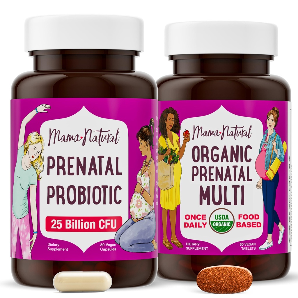 Mama Natural Prenatal Bundle – Organische pränatale Vitamine für Frauen + Gezielte Probiotika für Schwangerschaft & Postpartum Wellness - Nur 2 Pillen pro Tag - Vegan & Non-GMO (30 Tage Versorgung)