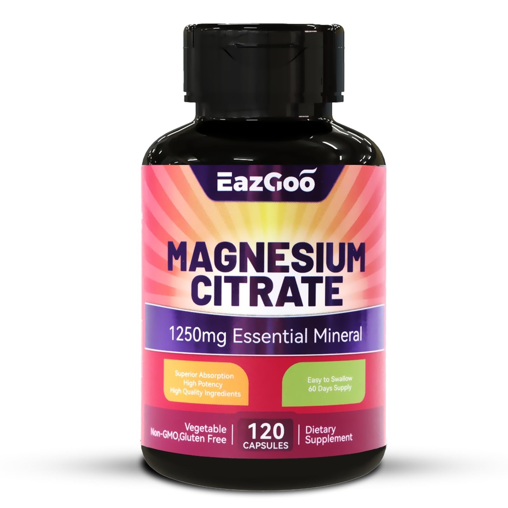 Capsules de citrate de magnésium 1250mg, supplément de citrate de magnésium à haute absorption avec Magnésium élémentaire, supplément de magnésium extra-résistance, non-OGM, sans gluten, 120 capsules végétales