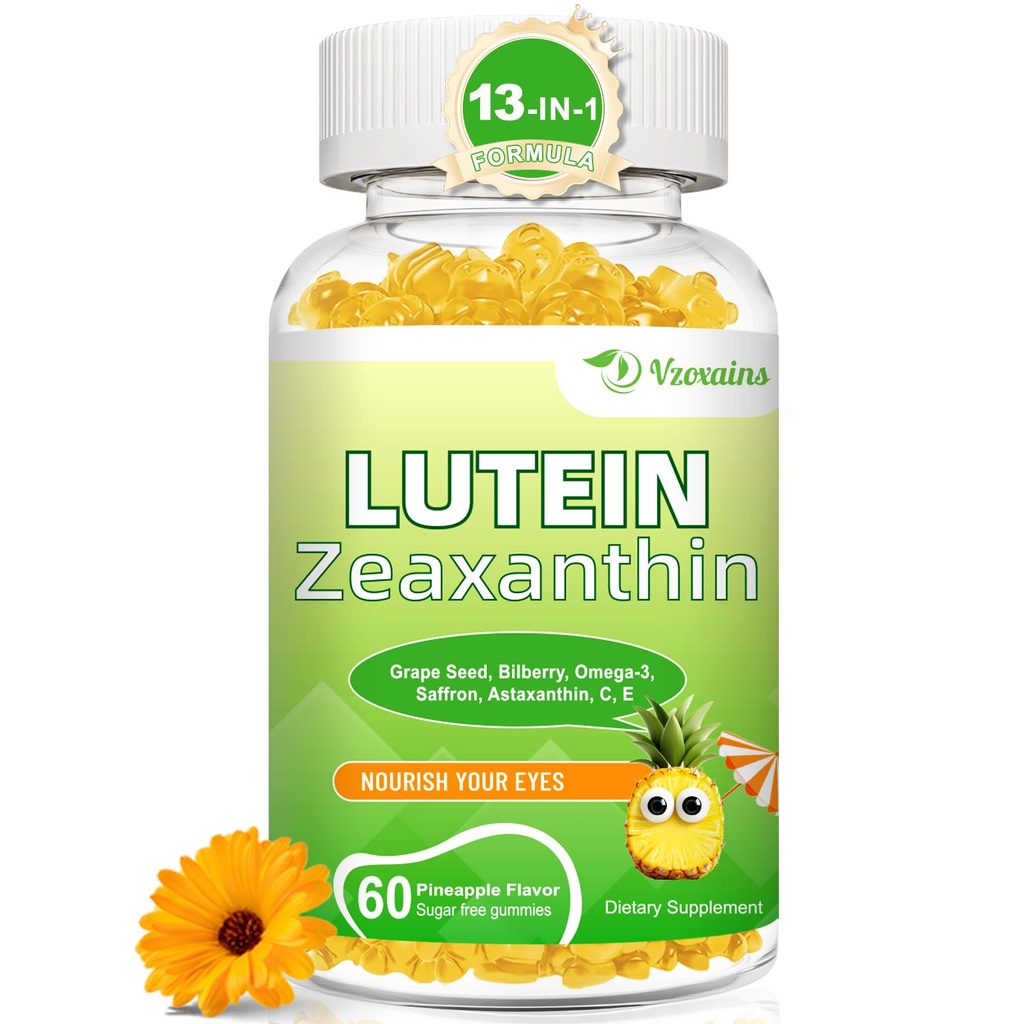 Lutéine 20 mg avec Gummies Zeaxanthin, Lutéine et Suppléments Zeaxanthin avec Vitamines oculaires C, E, Bilberry pour la santé des yeux - 60Cts
