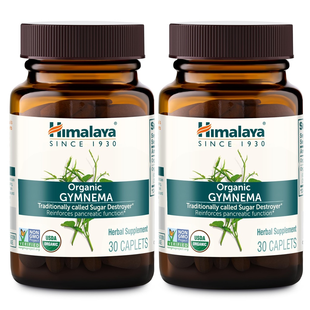 Himalaya Organic Gymnema Sylvestre – pflanzliche Glucose Stoffwechselunterstützung - USDA Organic, Non-GMO, Vegan, Gluten Free, Additive Free, 700 mg, 30 Caplets (Pack mit 2)