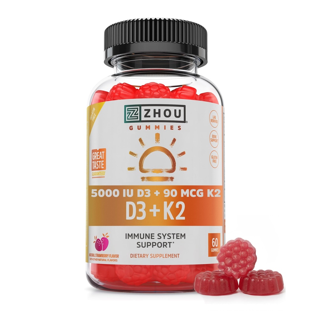 Zhou D3+K2 - Vitamin D3 K2 Supplement für Damen und Herren, Immununterstützung Vit D3 und K2 Gummy, Gelatin freie Formel mit 5000 IU von D3 und MK-7 - 60 Veggie Gummies (Pack von 1)