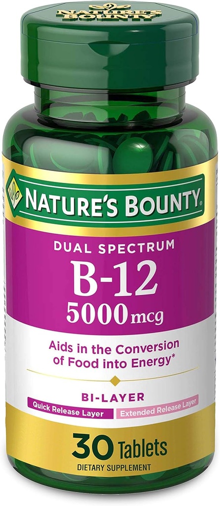 Vitamine B12 par nature, supplément diététique double couche, libération rapide et libération prolongée, soutient le métabolisme énergétique et la santé du système nerveux, 5000mcg, 30 comprimés