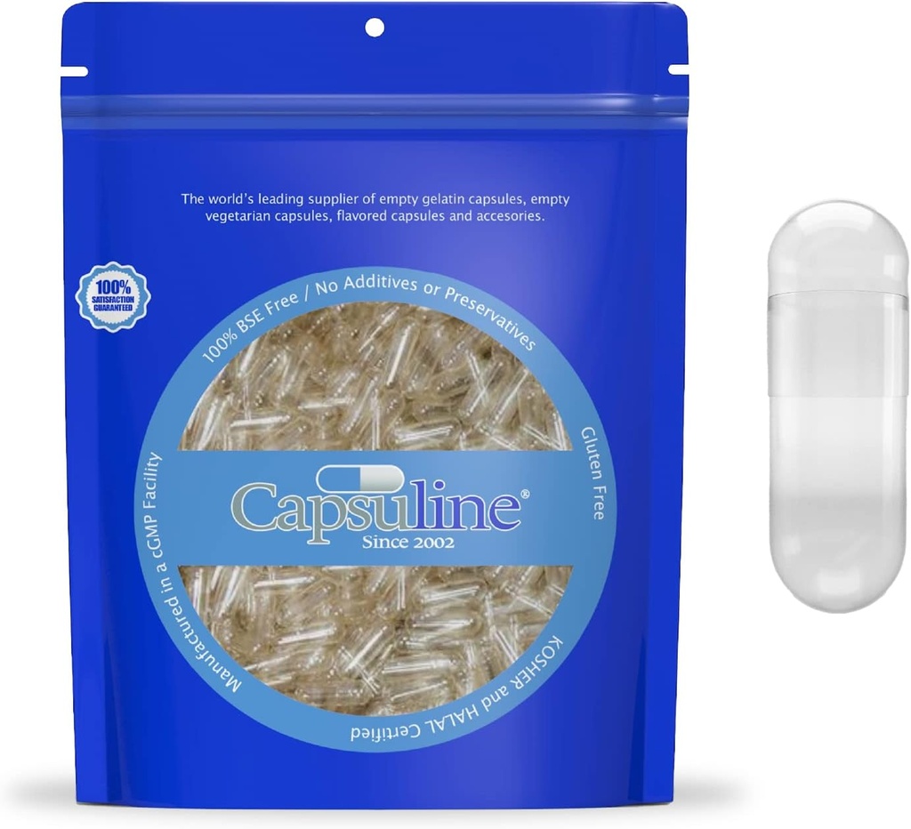 Capsuline Größe 0 Leere Gelatine Kapseln, Klar - 500 Graf | Glutenfrei, Kosher, nicht-GMO zertifiziert | Pure Bovine Pillen Caps für DIY Ergänzung Füllung