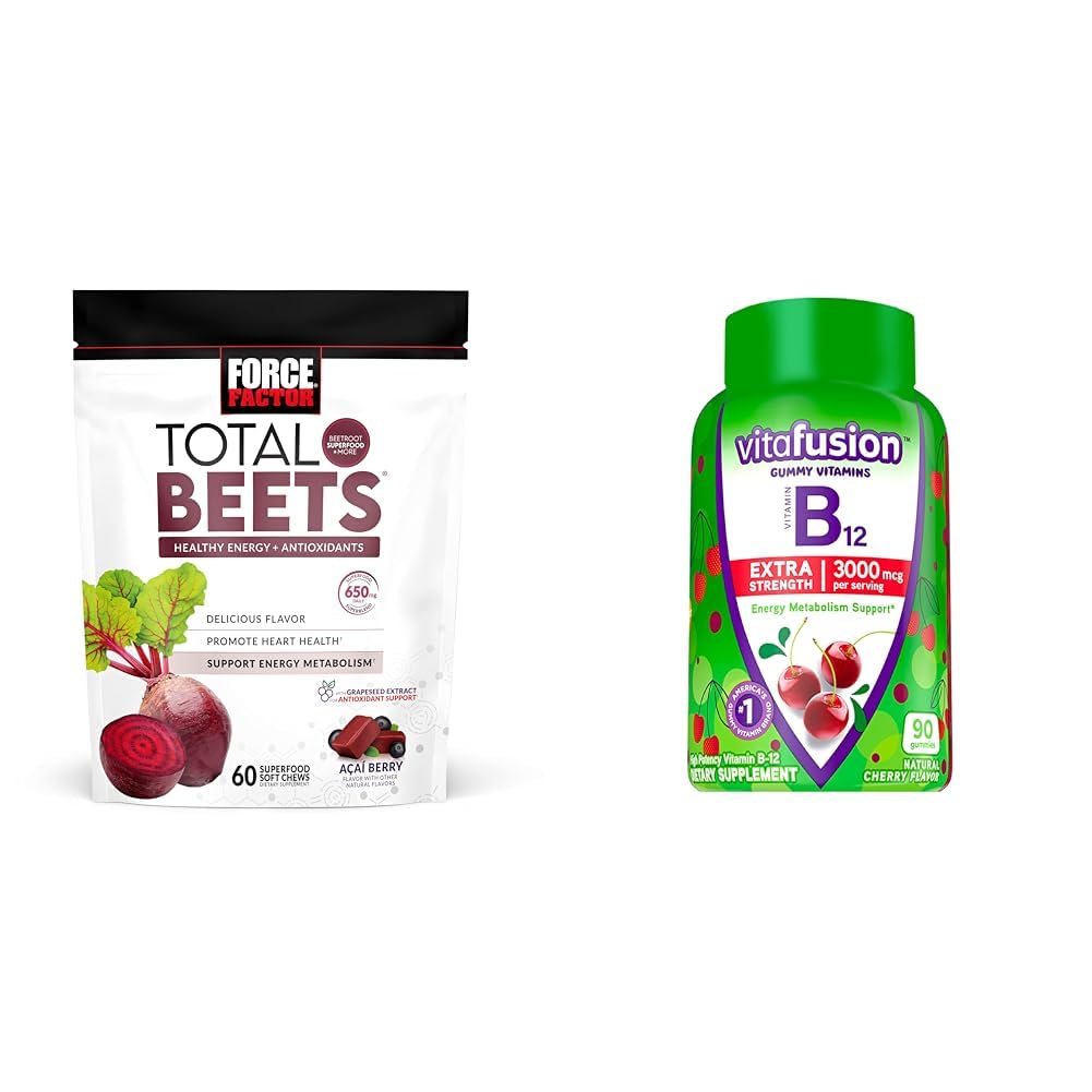 Facteur de force Betteraves totales Porcs avec extrait de betteraves et de graines de raisins Plus Vitafusion B12 Gummies, 90 Comte Cherry Flavor