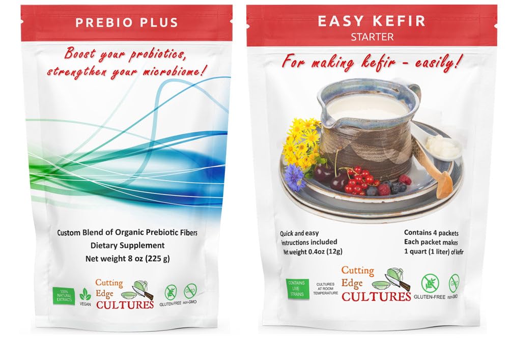 Schneiden Kantenkulturen Prebio Plus + Kefir Starter Kultur Prebiotic Fiber Powder Best Custom Blend of Organic Prebiotic Fibers Nahrungsergänzung (1 Prebio Plus + 1 Kefir 20g)