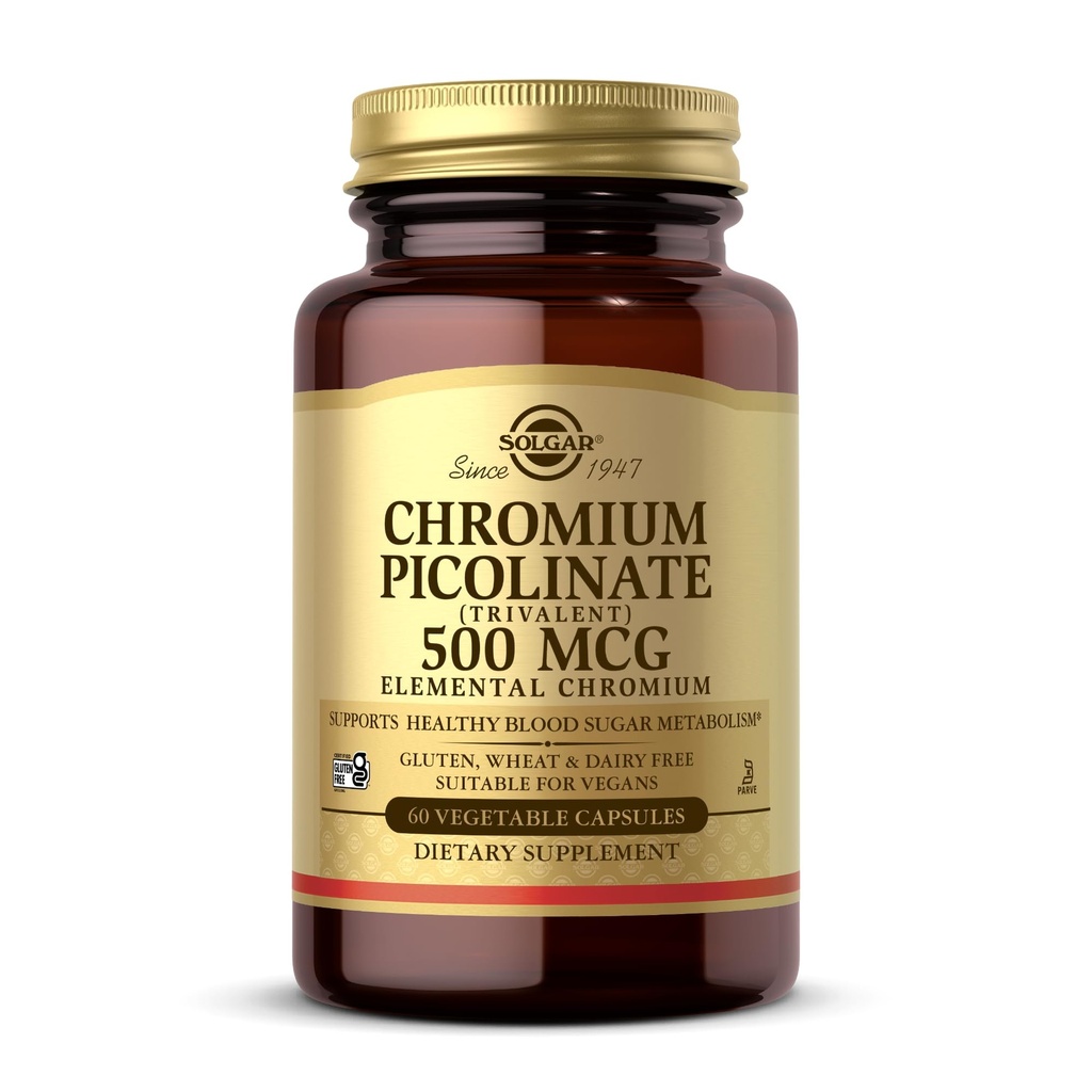 Solgar Chromium Picolinate 500 mcg - 60 capsules végétales - soutient le métabolisme du sucre, des graisses et des protéines - non-OGM, sans gluten, casher - 30 portions
