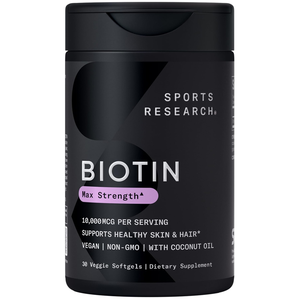 Sports Research® Biotin 10.000mcg mit Bio-Kokosnussöl - Biotin (Vitamin B7) für gesunde Haut- und Haarunterstützung * - für Frauen und Männer - Vegan, Nicht-GVO, Gluten & Soy-Free - 30 Veggie Softgels