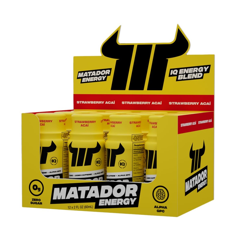 MATADOR Energy Shops Extra Strength Mini Energy Boissons w/B Vitamines complexes (Vitamine B12-B9-B6-B3), Alpha GPC Nootropic IQ Energy, Coffee Bean Extract Caffeine Shops, 24 Energy Drink Strawberry Acai