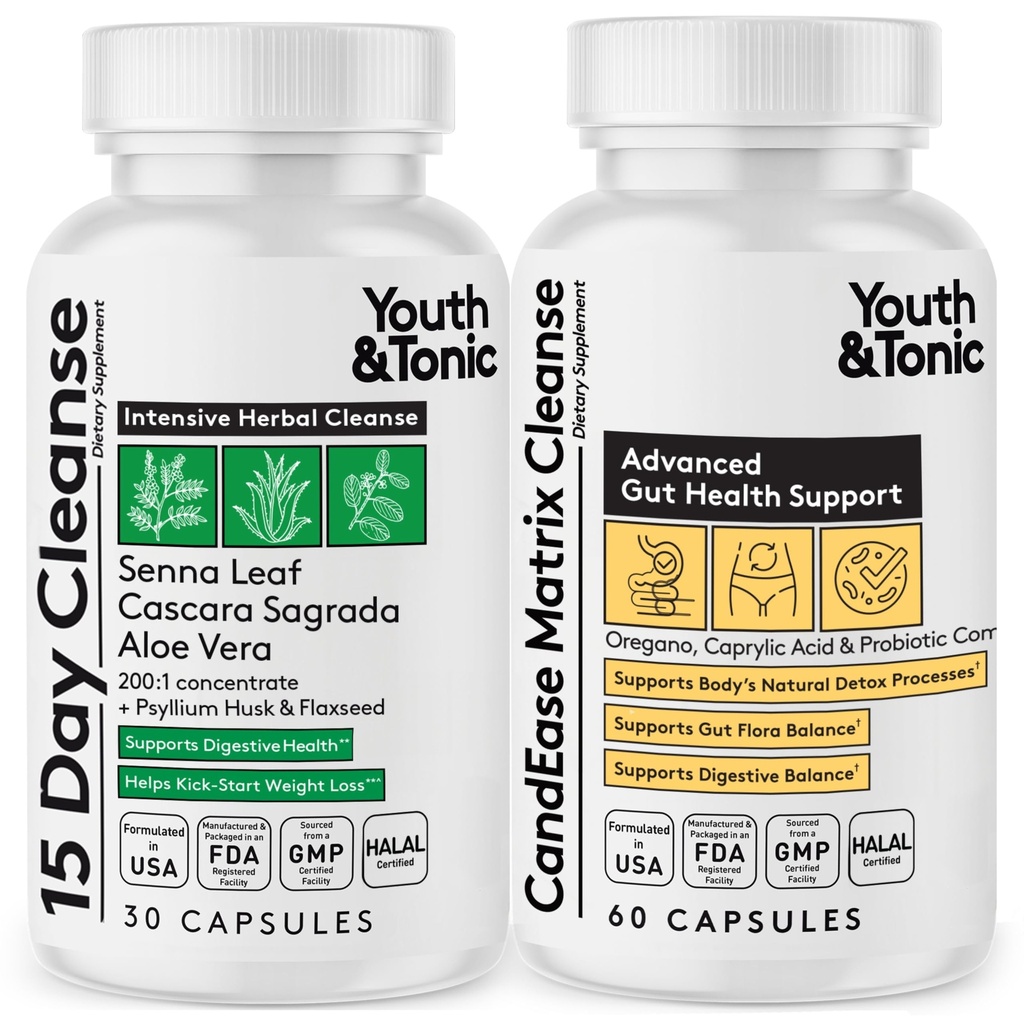 Jugend & Tonic Colon Cleanse und CandEase Matrix Pillen | Unterstützung für Körper Detox Gut Gesundheit & Darm Flora Wiederherstellung normaler Säure Ebene